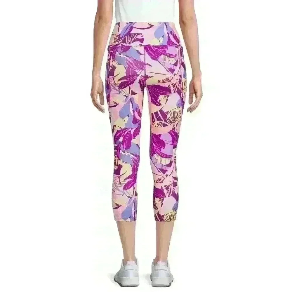 Avia Womens Pull On Active Capri Leggings XS, M Side Pockets Purple Pink Leaf - Picture 3 of 12